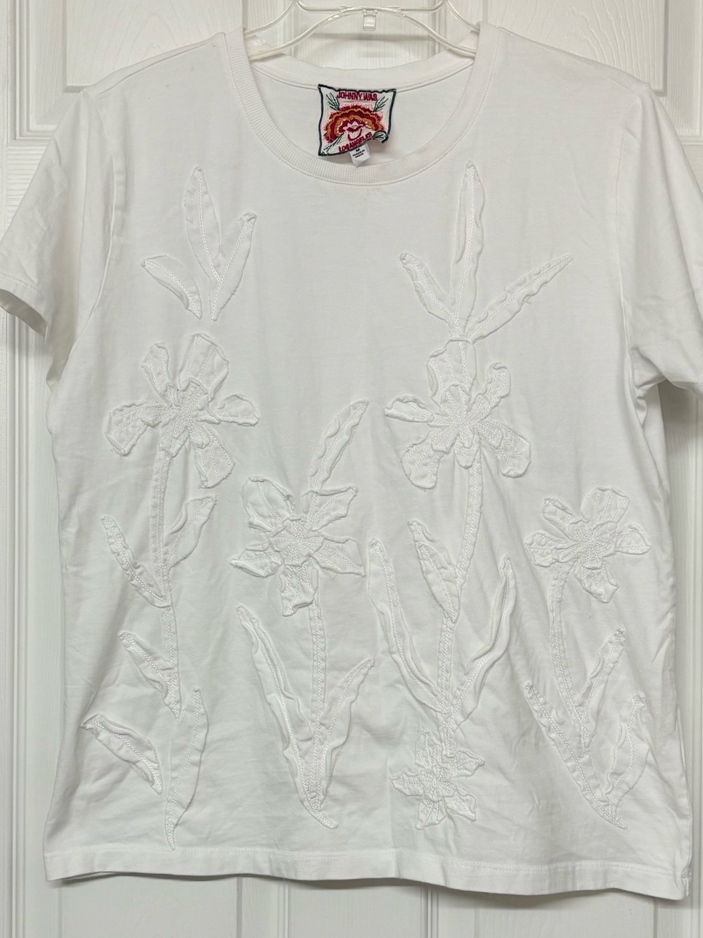 Johnny Was Antoinette Floral Appliquéd Crewneck Cotton Top White Sz M